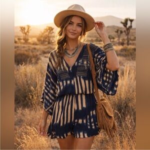 FREE PEOPLE X One Teaspoon | Blue Tie Dye Muslin Romper Embroidered Bell Sleeve